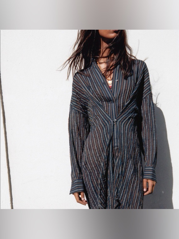 Zara Semi Sheer Button Cinched Shirt Dress